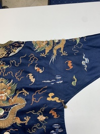 A Chinese gold-thread-embroidered blue-ground silk 'dragon' robe, 18/19th C.