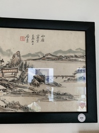 Huang Jusu 黃居素 (1897-1986): 'Mountainous landscape' and Chinese school: 'Pagoda', ink and colour on paper, dated 1969