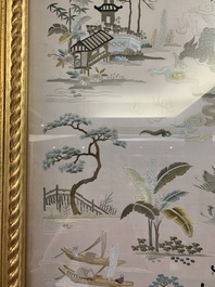 A very large Chinese beige-ground embroidered silk panel depicting scenes of Chinese rural life, 19th C.