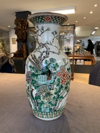 A pair of Chinese Nanking famille verte crackle-glazed vases, a famille rose vase and a blue and white celadon-ground vase, Chenghua mark, 19th C.