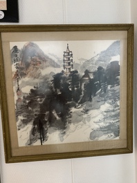 Huang Jusu 黃居素 (1897-1986): 'Mountainous landscape' and Chinese school: 'Pagoda', ink and colour on paper, dated 1969