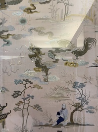 A very large Chinese beige-ground embroidered silk panel depicting scenes of Chinese rural life, 19th C.