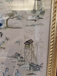 A very large Chinese beige-ground embroidered silk panel depicting scenes of Chinese rural life, 19th C.