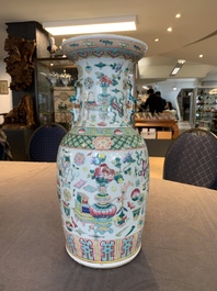 A pair of Chinese Nanking famille verte crackle-glazed vases, a famille rose vase and a blue and white celadon-ground vase, Chenghua mark, 19th C.