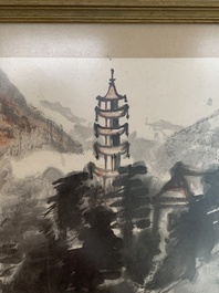 Huang Jusu 黃居素 (1897-1986): 'Mountainous landscape' and Chinese school: 'Pagoda', ink and colour on paper, dated 1969