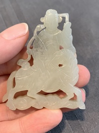 Two Chinese white and celadon jade 'crane' and 'deity' plaques, Qing