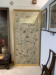 A very large Chinese beige-ground embroidered silk panel depicting scenes of Chinese rural life, 19th C.
