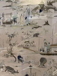 A very large Chinese beige-ground embroidered silk panel depicting scenes of Chinese rural life, 19th C.