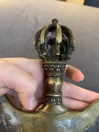 A Tibetan brass and iron kartika with incised dragon design, 19th C.