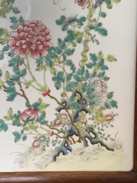 A Chinese wooden table screen with a famille rose plaque, Republic