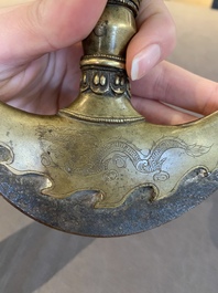 A Tibetan brass and iron kartika with incised dragon design, 19th C.
