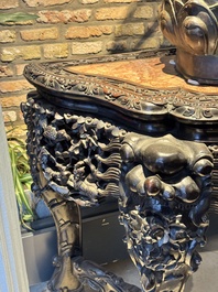 A finely carved Chinese hongmu console table with marble top, Canton, 19th C.
