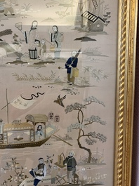 A very large Chinese beige-ground embroidered silk panel depicting scenes of Chinese rural life, 19th C.
