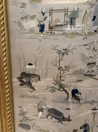A very large Chinese beige-ground embroidered silk panel depicting scenes of Chinese rural life, 19th C.