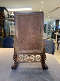 A Chinese wooden table screen with a famille rose plaque, Republic