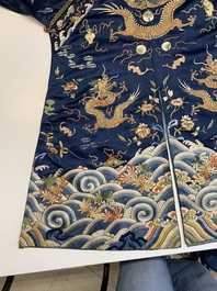 A Chinese gold-thread-embroidered blue-ground silk 'dragon' robe, 18/19th C.
