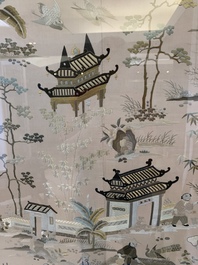 A very large Chinese beige-ground embroidered silk panel depicting scenes of Chinese rural life, 19th C.