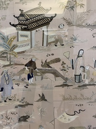 A very large Chinese beige-ground embroidered silk panel depicting scenes of Chinese rural life, 19th C.