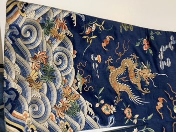 A Chinese gold-thread-embroidered blue-ground silk 'dragon' robe, 18/19th C.