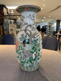 A pair of Chinese Nanking famille verte crackle-glazed vases, a famille rose vase and a blue and white celadon-ground vase, Chenghua mark, 19th C.