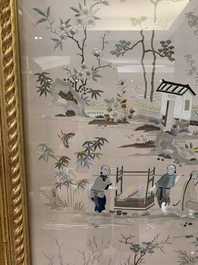 A very large Chinese beige-ground embroidered silk panel depicting scenes of Chinese rural life, 19th C.