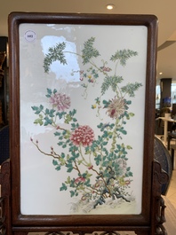 A Chinese wooden table screen with a famille rose plaque, Republic