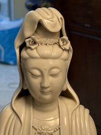Three Chinese Dehua blanc de Chine figures of Guanyin and Weituo, He Chaozong 何朝宗 and Dehua 德化 mark, 20th C.