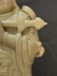 Three Chinese Dehua blanc de Chine figures of Guanyin and Weituo, He Chaozong 何朝宗 and Dehua 德化 mark, 20th C.