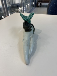 A Chinese celadon-glazed water dropper, a yellow-glazed ewer, a famille noire covered vase and a miniature model, 19th C.