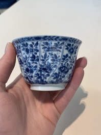 18 Chinese blue and white cups and 16 saucers with floral design, jade mark, Kangxi