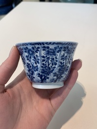 18 Chinese blue and white cups and 16 saucers with floral design, jade mark, Kangxi