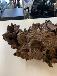 A Chinese carved wooden group and a natural root sculpture, 20th C.