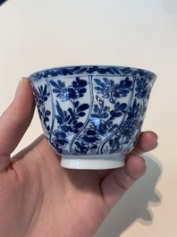 18 Chinese blue and white cups and 16 saucers with floral design, jade mark, Kangxi