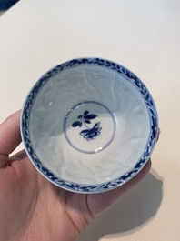 18 Chinese blue and white cups and 16 saucers with floral design, jade mark, Kangxi