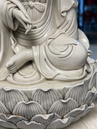 Three Chinese Dehua blanc de Chine figures of Guanyin and Weituo, He Chaozong 何朝宗 and Dehua 德化 mark, 20th C.