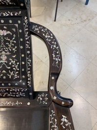 A Chinese mother-of-pearl-inlaid hongmu reclining armchair with a retractable footrest, Canton, 19th C.