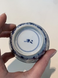 18 Chinese blue and white cups and 16 saucers with floral design, jade mark, Kangxi