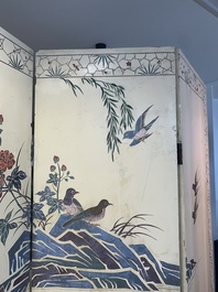 A Chinese polychrome lacquered wooden eight-panel folding screen with a pond scene, 19/20th C.