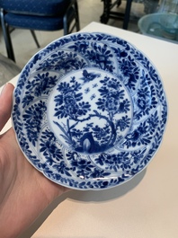 18 Chinese blue and white cups and 16 saucers with floral design, jade mark, Kangxi