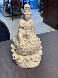 Three Chinese Dehua blanc de Chine figures of Guanyin and Weituo, He Chaozong 何朝宗 and Dehua 德化 mark, 20th C.