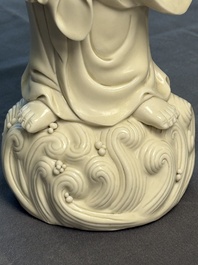Three Chinese Dehua blanc de Chine figures of Guanyin and Weituo, He Chaozong 何朝宗 and Dehua 德化 mark, 20th C.