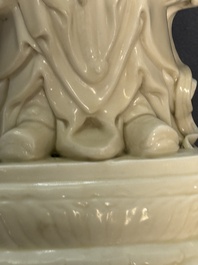 Three Chinese Dehua blanc de Chine figures of Guanyin and Weituo, He Chaozong 何朝宗 and Dehua 德化 mark, 20th C.