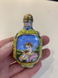 Two Chinese snuff bottles, four soapstone seals and a lacquer covered box, 20th C.