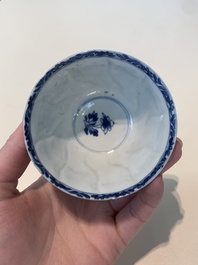 18 Chinese blue and white cups and 16 saucers with floral design, jade mark, Kangxi