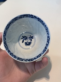 18 Chinese blue and white cups and 16 saucers with floral design, jade mark, Kangxi