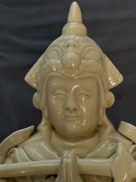 Three Chinese Dehua blanc de Chine figures of Guanyin and Weituo, He Chaozong 何朝宗 and Dehua 德化 mark, 20th C.