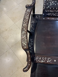 A Chinese mother-of-pearl-inlaid hongmu reclining armchair with a retractable footrest, Canton, 19th C.