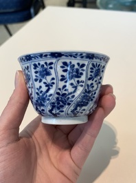 18 Chinese blue and white cups and 16 saucers with floral design, jade mark, Kangxi