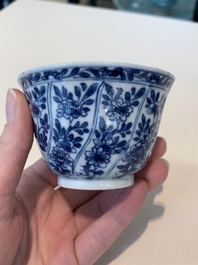 18 Chinese blue and white cups and 16 saucers with floral design, jade mark, Kangxi