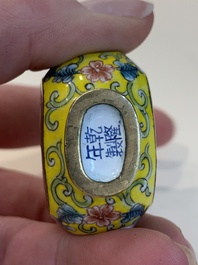 Two Chinese snuff bottles, four soapstone seals and a lacquer covered box, 20th C.